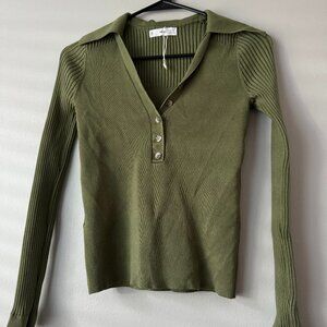 MNG Green Ribbed Long Sleeve V-Neck Sweater with Buttons & Collar